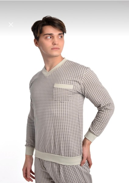 V Yaka Ribana Manşetli Pamuklu Geniş Kesim Klasik Erkek Pijama Takımı