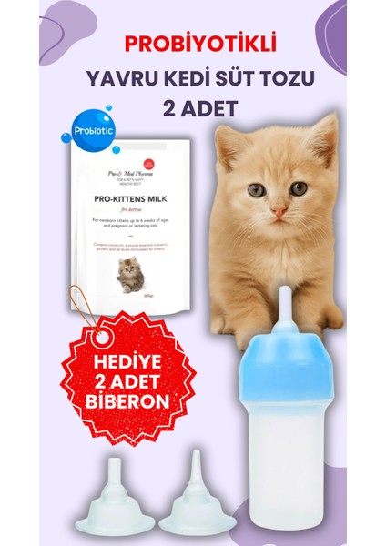 2 Adet Kedi Biberon Hediye 2 Adet Yavru Kedi Süt Tozu 200 gr Anne Sütü Destekli Probiyotikli