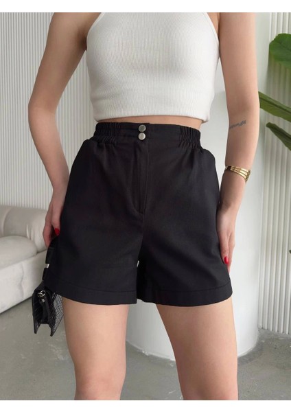 Siyah Çıtçıtlı Yüksek Bel Cepli Mini Gabardin Şort fiyatları