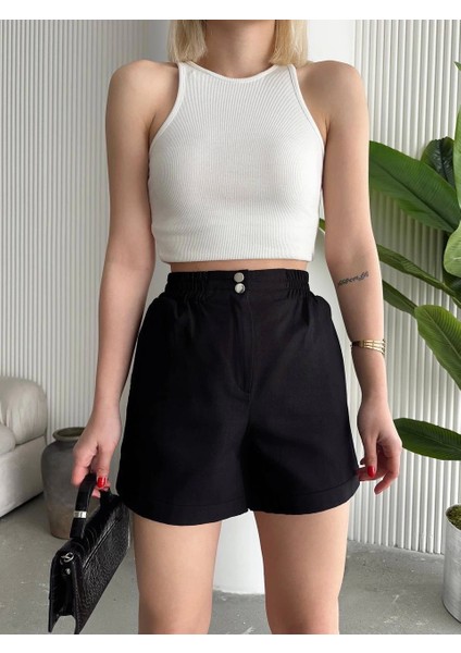 Siyah Çıtçıtlı Yüksek Bel Cepli Mini Gabardin Şort indirimleri