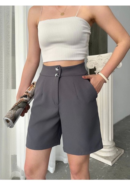Double Çift Düğmeli Füme Yüksek Bel Orta Boy Şort fiyatları