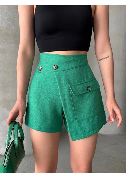 Yeşil Asimetrik Kesim Slim Fit Yüksek Bel Tek Cepli Tasarım Şort Etek