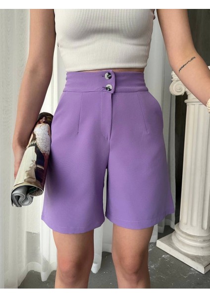 Düğmeli Lila Renk Yüksek Bel Orta Boy Rahat Kumaş Kadın Şort fırsatları