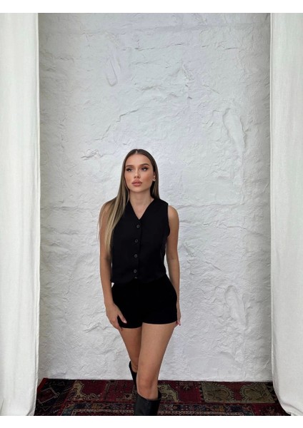Siyah Kalın Askılı Önü Düğmeli Mini Double Yelek