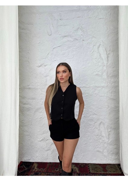 Siyah Kalın Askılı Önü Düğmeli Mini Double Yelek fiyatları