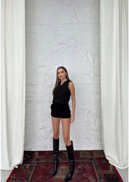 Siyah Kalın Askılı Önü Düğmeli Mini Double Yelek modelleri