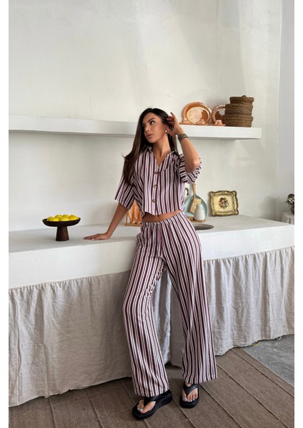 Çizgili Crop Gömlek - Salaş Pantolon Takım Modal - Bordo