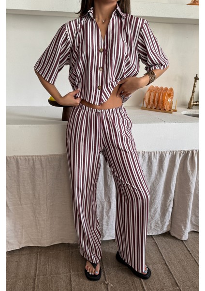 Çizgili Crop Gömlek - Salaş Pantolon Takım Modal - Bordo