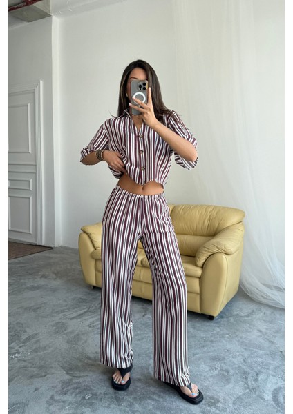 Çizgili Crop Gömlek - Salaş Pantolon Takım Modal - Bordo