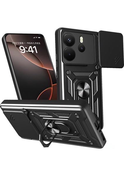 Xiaomi Redmi Note 14 Kılıf Magnetik Standlı Sürgülü Kamera Korumalı Tank Kapak