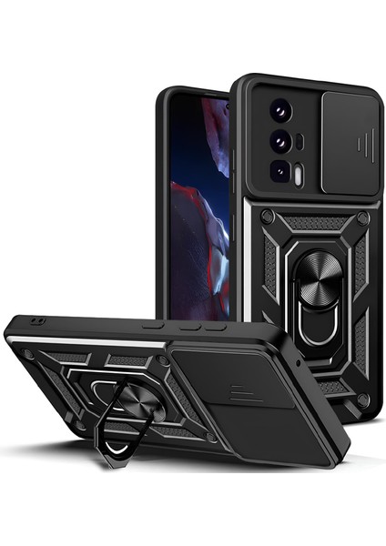 Xiaomi Poco F5 Pro Kılıf Magnetik Standlı Sürgülü Kamera Korumalı Tank Kapak