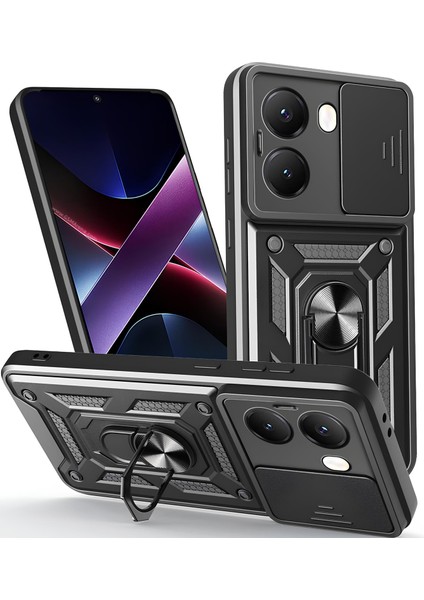Xiaomi Poco X7 Pro Kılıf Magnetik Standlı Sürgülü Kamera Korumalı Tank Kapak