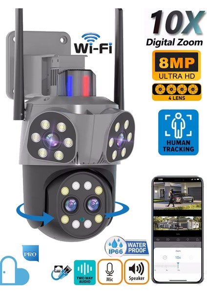 Mpia Orino 4 Lens 10X Zoom 8MP 360° Görüş Hareketli Waterproof Gece Görüş Sesli Görüşme Akıllı Kamera