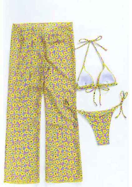 Sarı Desenli Üçlü Bikini Takımı