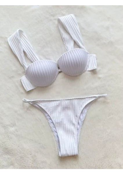 Beyaz Kalın Askı Detaylı Bikini Takımı