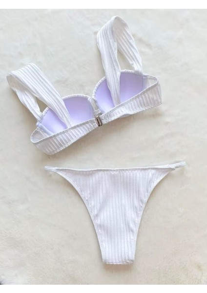 Beyaz Kalın Askı Detaylı Bikini Takımı