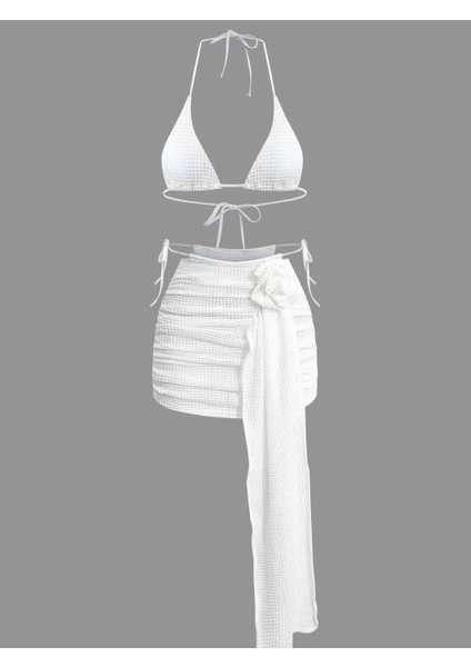 Beyaz Örgü Üçgen Bikini Takımı ve Drapeli Pareo