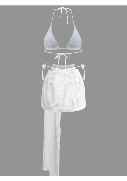 Beyaz Örgü Üçgen Bikini Takımı ve Drapeli Pareo