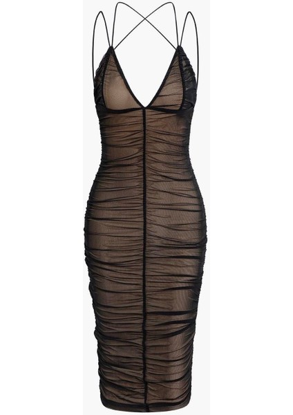 Drapeli Astarlı Midi Tül Elbise