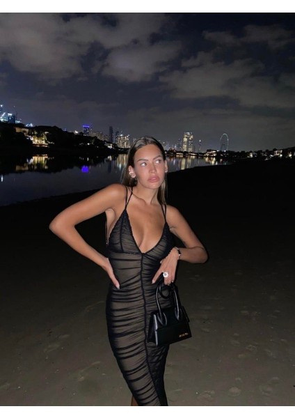 Drapeli Astarlı Midi Tül Elbise modelleri