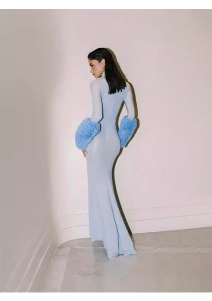 Bebek Mavisi Balon Kol Detaylı Balık Form Elbise modelleri