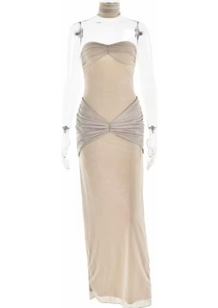 Simli Drape Detaylı Straplez Bej Elbise modelleri