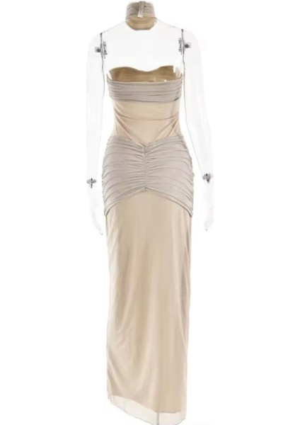 Simli Drape Detaylı Straplez Bej Elbise fırsatları
