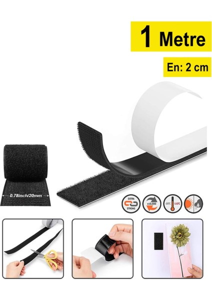1 Metre - Yapışkanlı Siyah Cırt Cırt Bant, En: 2 Cm, Çift Taraflı, Güçlü Cırt Band