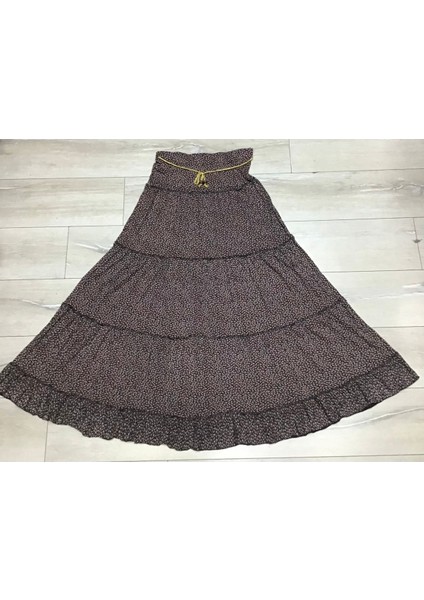 Çiçek Desnli Beli Lastikli Bedenli Dökümlü Katlı Çingene Etek