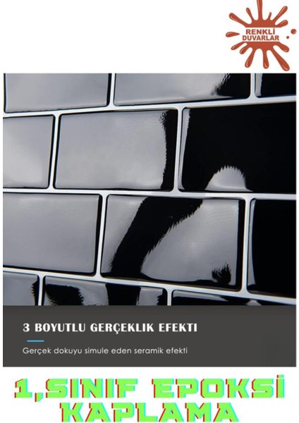 3D Yapışkanlı Duvar Kaplama Paneli Mutfak Banyo Salon Ofis Döşeme 30×30CM Siyah Tuğla Epoksi 1 Adet