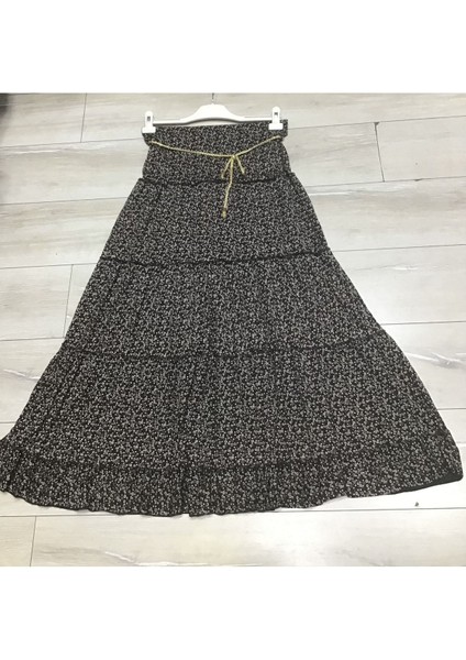Çiçek Desnli Beli Lastikli Bedenli Dökümlü Katlı Çingene Etek
