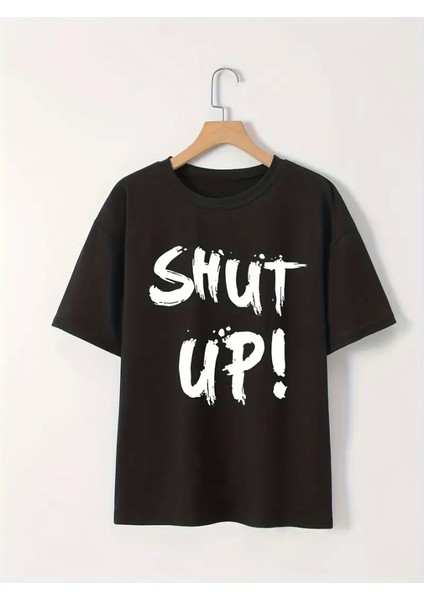 Baskılı Oversize Bisiklet Yaka T-Shirt - Siyah