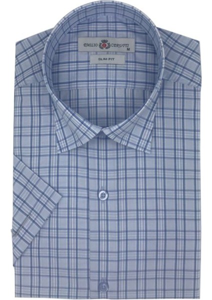 Erkek Mavi Ekose Slim Fit Kısa Kollu Gömlek