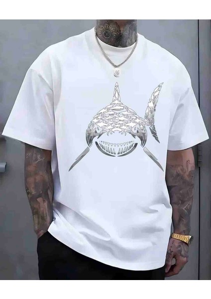Köpekbalığı Baskılı Özel Tasarım Oversize Tshirt