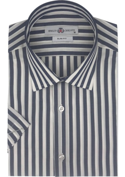 Beyaz Lacivert Çizgili Slim Fit Kısa Kollu Erkek Gömlek