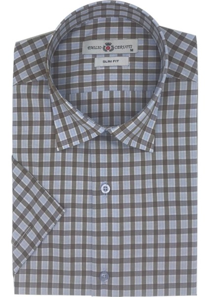 Erkek Kahverengi Ekose Slim Fit Kısa Kollu Gömlek