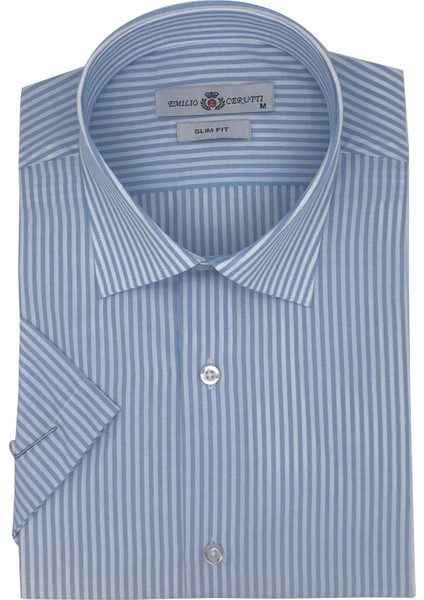 Erkek Beyaz Mavi Çizgili Slim Fit Kısa Kollu Gömlek