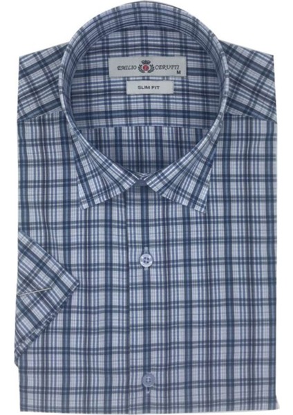 Mavi Ekose Slim Fit Kısa Kollu Erkek Gömlek