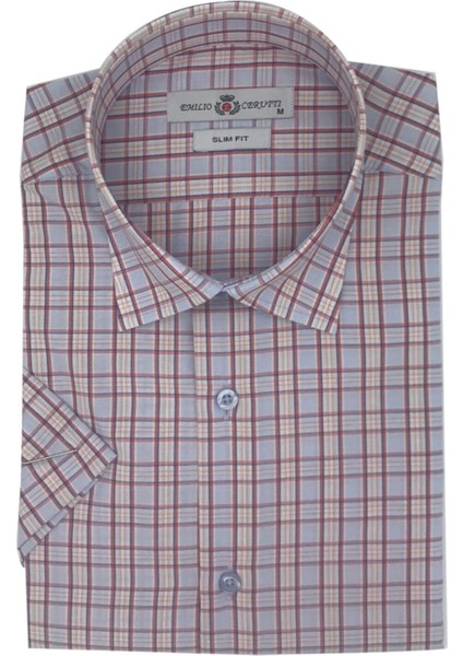 Erkek Bordo Bej Ekose Slim Fit Kısa Kollu Gömlek
