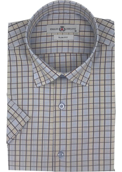 Kahverengi Bej Ekose Slim Fit Kısa Kollu Erkek Gömlek