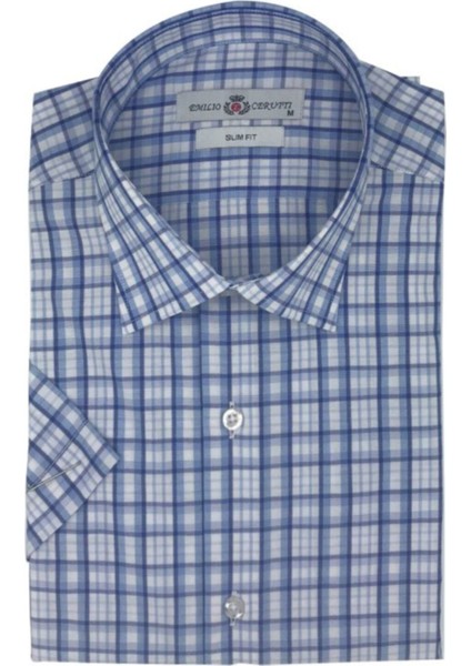 Erkek Mavi Ekose Slim Fit Kısa Kollu Gömlek