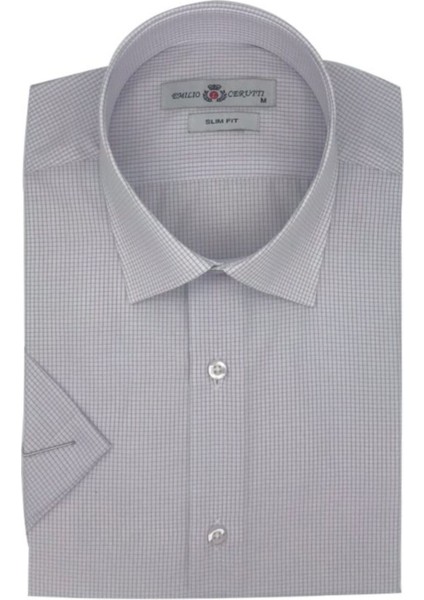 Lila Kareli Slim Fit Kısa Kollu Erkek Gömlek