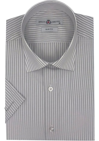 Erkek Beyaz Gri Çizgili Slim Fit Kısa Kollu Gömlek