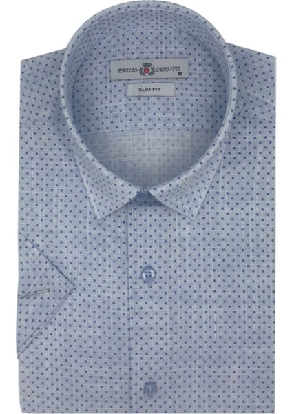 Mavi Noktalı Slim Fit Kısa Kollu Erkek Gömlek