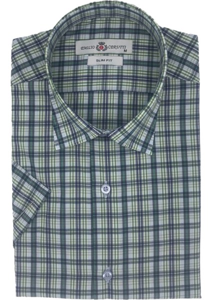 Yeşil Ekose Slim Fit Kısa Kollu Erkek Gömlek