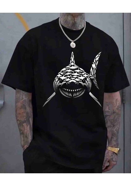 Köpekbalığı Baskılı Özel Tasarım Oversize Tshirt