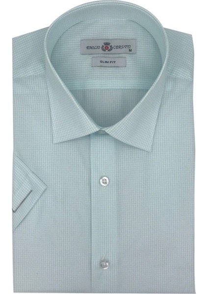 Turkuvaz Kareli Slim Fit Kısa Kollu Gömlek