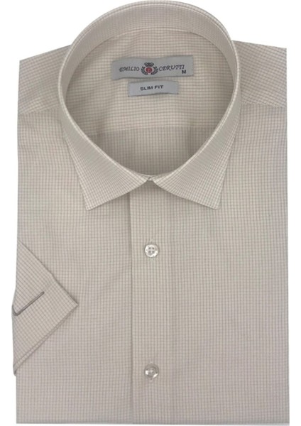 Bej Kareli Slim Fit Kısa Kollu Erkek Gömlek