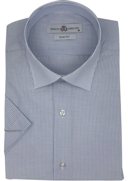 Lacivert Kareli Slim Fit Kısa Kollu Erkek Gömlek
