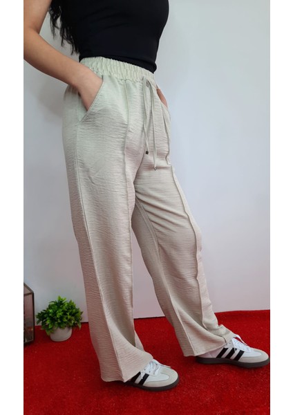 Keten Karımşımlı Bol Paça Beli Lastikli Pantolon